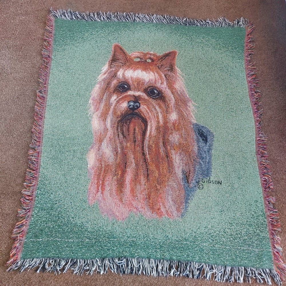 Vintage J Gibson Yorkshire Terrier Yorkie Woven Tapestry Throw Blanket 58x50